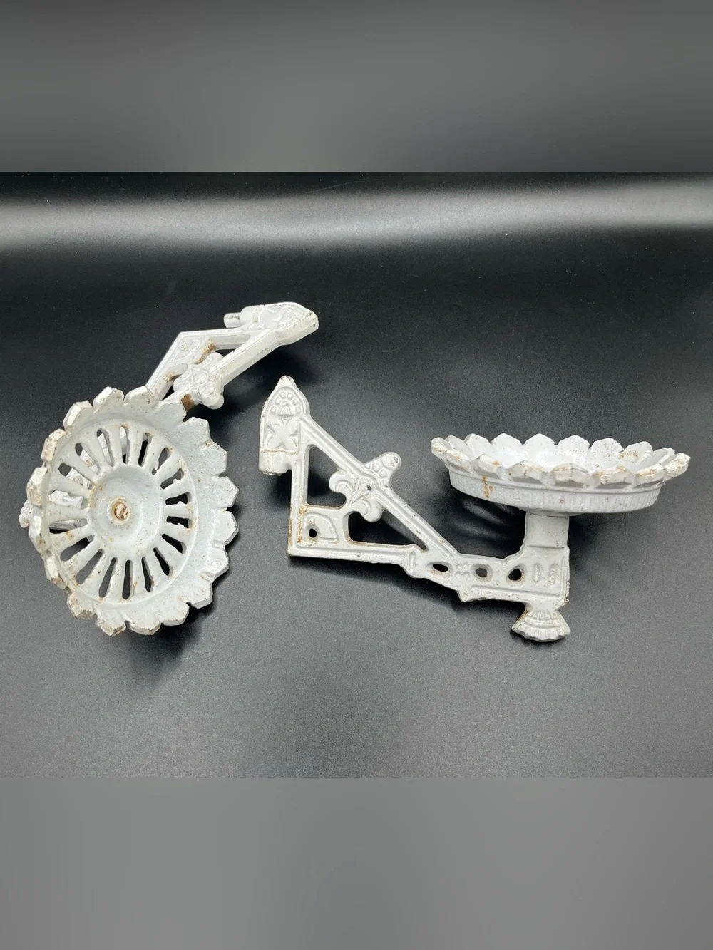 Vintage Gothic Cast Iron Wall Mount Soap Dishes White Architectural Salvage Pair